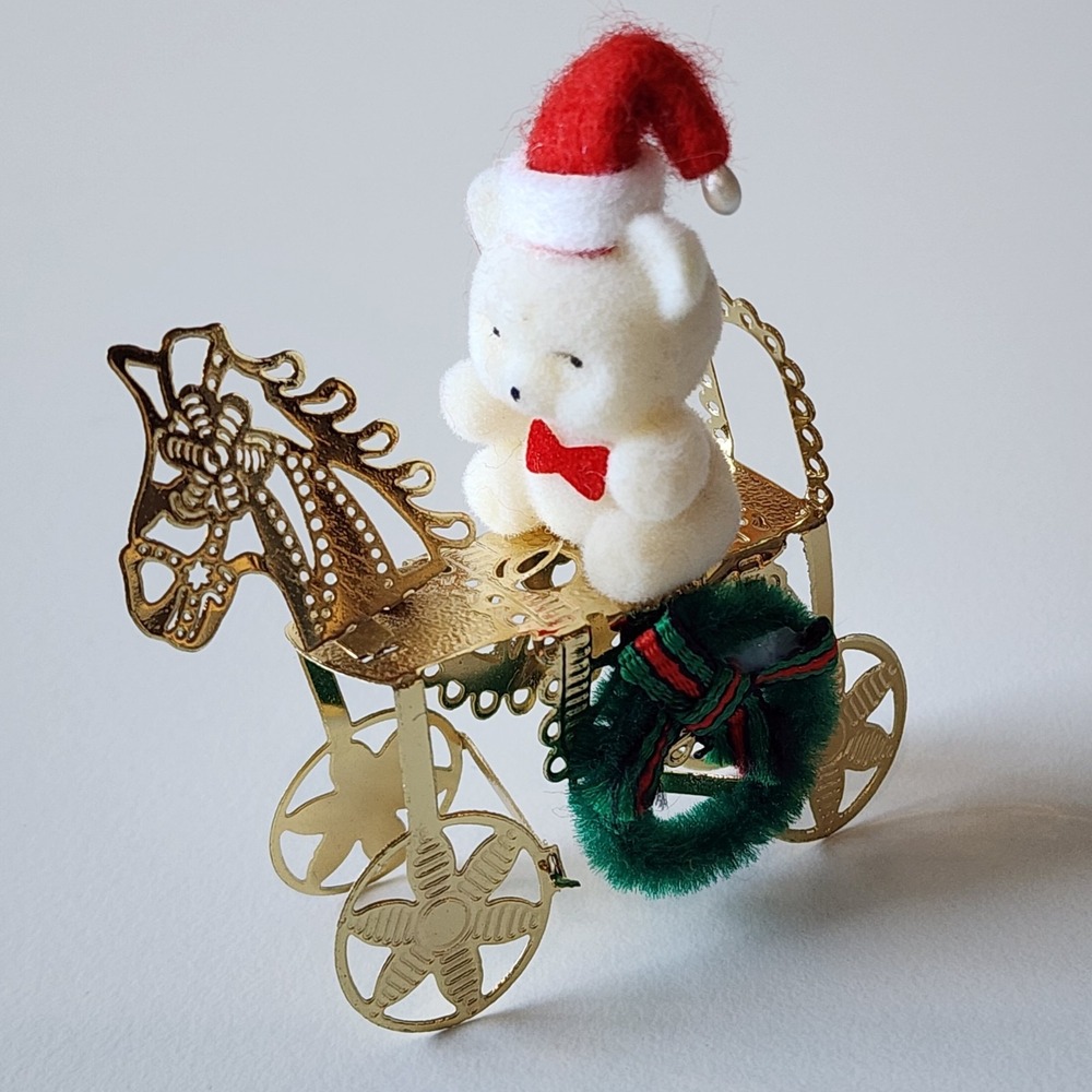 Vintage Flocked Teddy Bear Riding Rocking Horse Christmas Ornament 2" 1980's